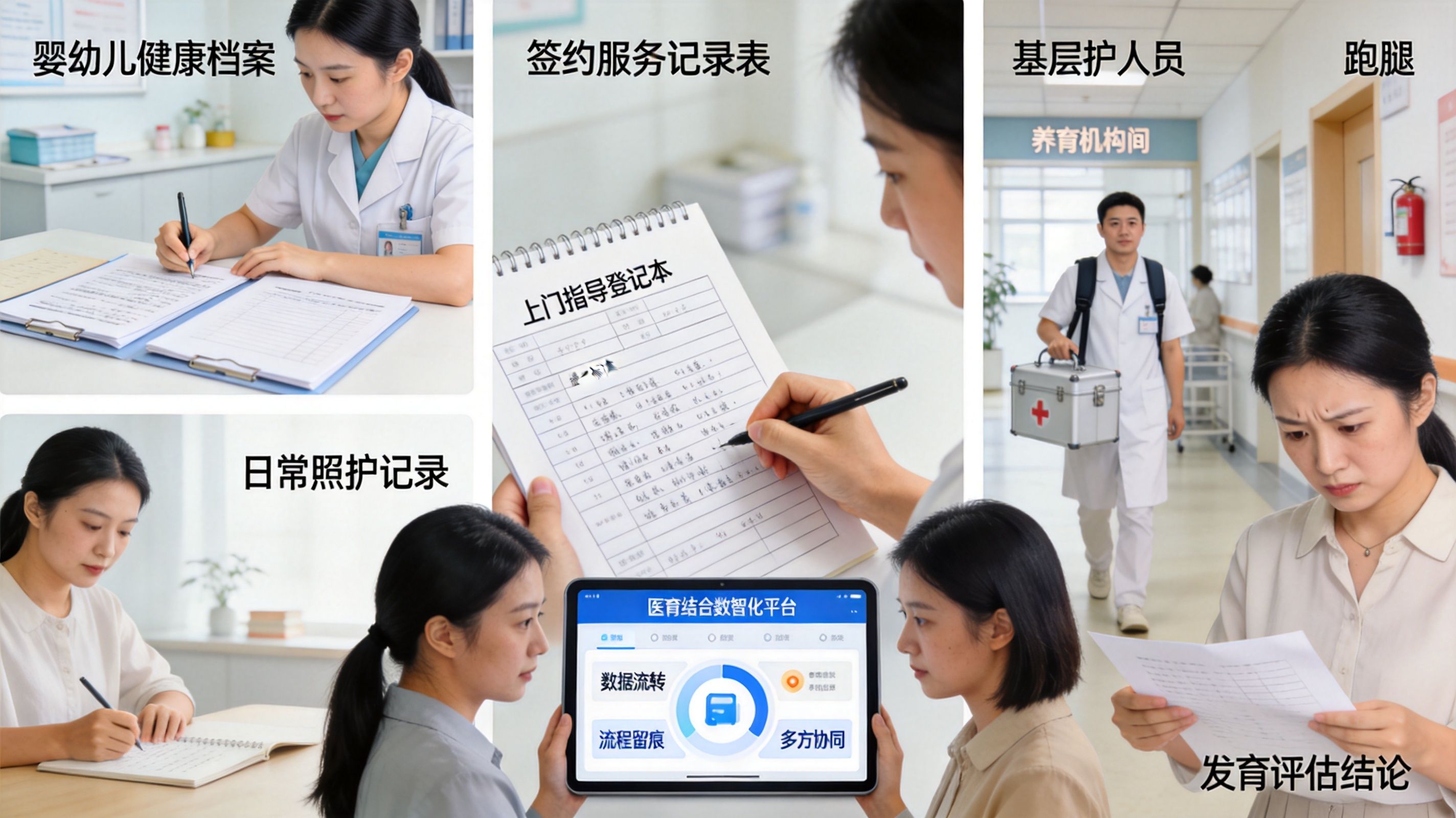 实施目标与难点：数据不通是最大的拦路虎

政策的目标很清晰：让婴幼儿在托育机构里也能获得连续、规范的健康管理，让疾病防控、发育评估、科学养育真正融入日常照护。但落到实施层面，难点同样具体。





数据割裂：婴幼儿健康档案在妇幼保健机构，日常照护记录在托育机构，两套数据互不相通，医生看不到孩子在园状态，园所也拿不到权威的发育评估结论。



机制松散：签约服务、上门指导多靠人工对接，频次、内容、留痕都难标准化，效果难以评估和追溯。



人手有限：基层医疗卫生机构与托育机构都面临专业人员不足，靠「跑腿」式的线下协作难以持续。

这些难点指向同一个答案：医育结合需要一套能承载数据流转、流程留痕、多方协同的数智化载体，而不是单纯依赖人的往返。