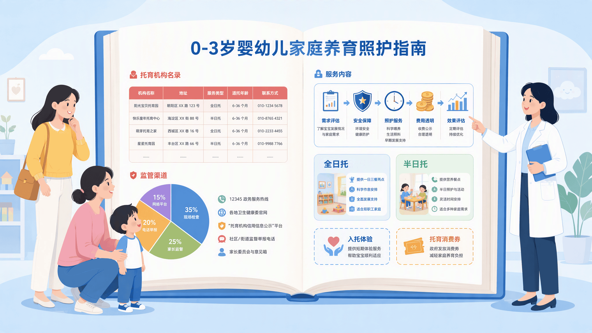 画面正中央是一本巨大的、翻开的《0-3岁婴幼儿家庭养育照护指南》。书的左侧页面画有红白相间的“托育机构名录”数据表格、一个“监管渠道”的彩色饼状图；书的右侧页面画有图文并茂的“服务内容”，包括带有图表、盾牌图标、金币、时钟的流程图，以及“全日托”、“半日托”的彩色方块，下方还有“入托体验”和“托育消费券”的虚线标签。
人物：左侧有两位成年女性，一位站着，一位蹲着，带着一个抬头看的小男孩，一家人正认真看着书本内容；右侧站着一位穿着白大褂的女性专家/医生，正指着书上的右侧内容进行讲解。