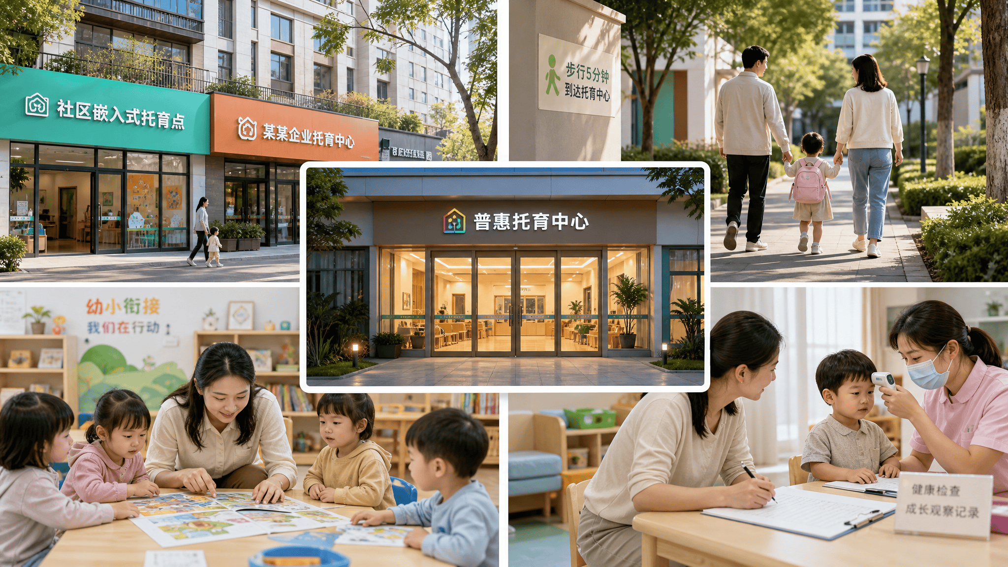 Realistic photography, policy interpretation editorial image. Center: a warm modern community childcare center with glass doors and windows, warm indoor lighting. Four realistic scenes around it: top-left, a community-embedded childcare point and an employer-sponsored childcare center side by side on the same street, showing diverse supply and competition; top-right, young parents walking with their child a few minutes to the childcare center entrance, highlighting proximity and convenience; bottom-left, transition scene between toddler care and kindergarten, a teacher guiding children in bridging activities in a cozy classroom; bottom-right, a health teacher doing morning checks, measuring temperature, recording health files, and observing child development. Natural daylight, soft tones, shallow depth of field, 35mm lens look, clean and orderly composition, horizontal 16:9, high-resolution photo.