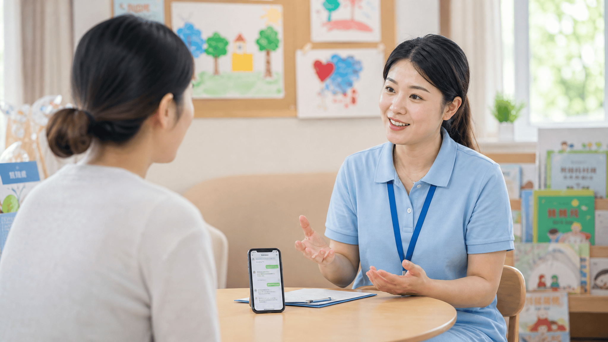 托育园接待区,一位老师与家长面对面交谈,桌上放着一部手机显示聊天界面,背景有儿童画作
