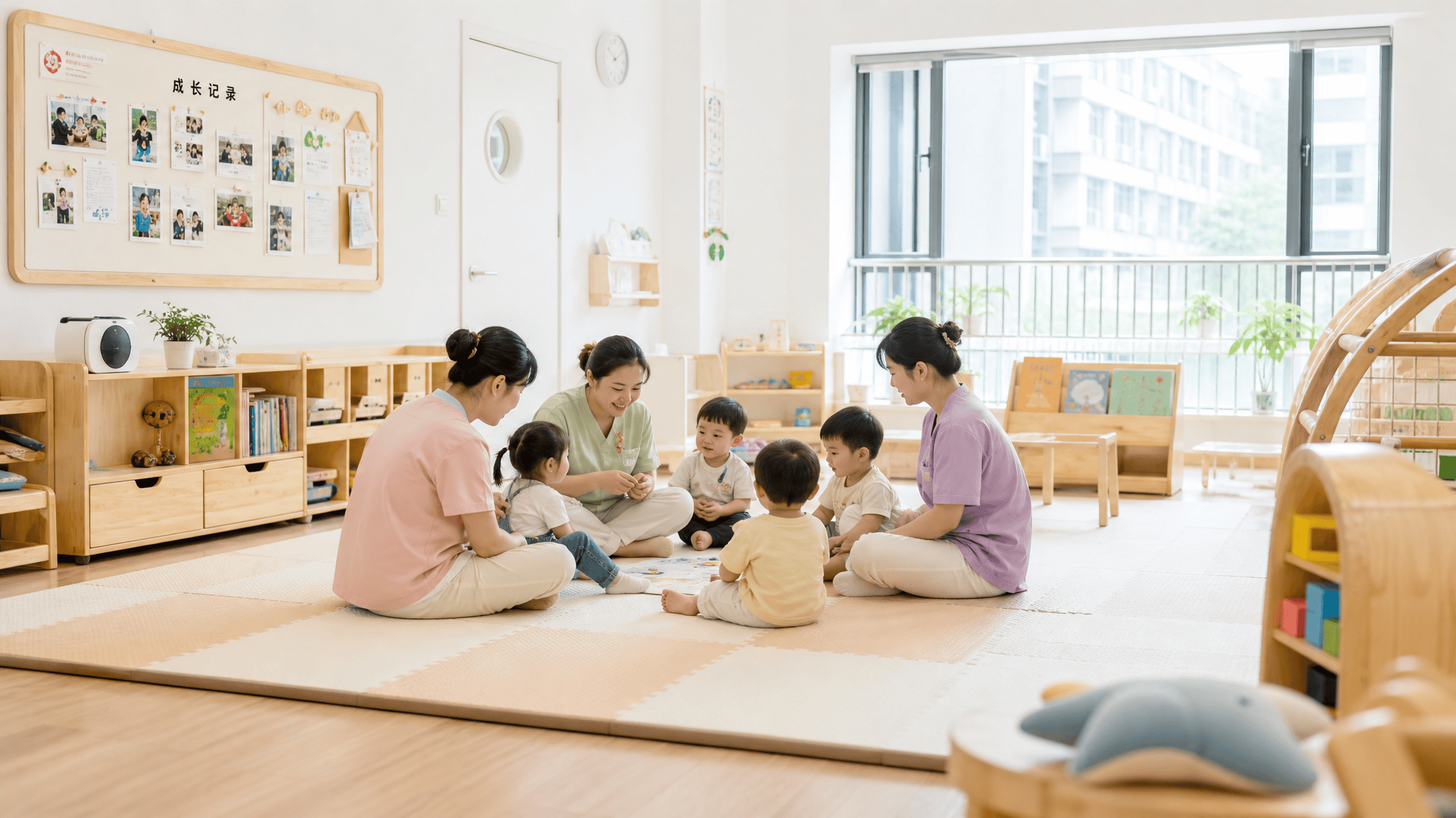 托育机构活动室全景，浅色木质家具与软包地垫，几位老师陪幼儿围坐游戏，墙面有成长记录栏，窗外明亮