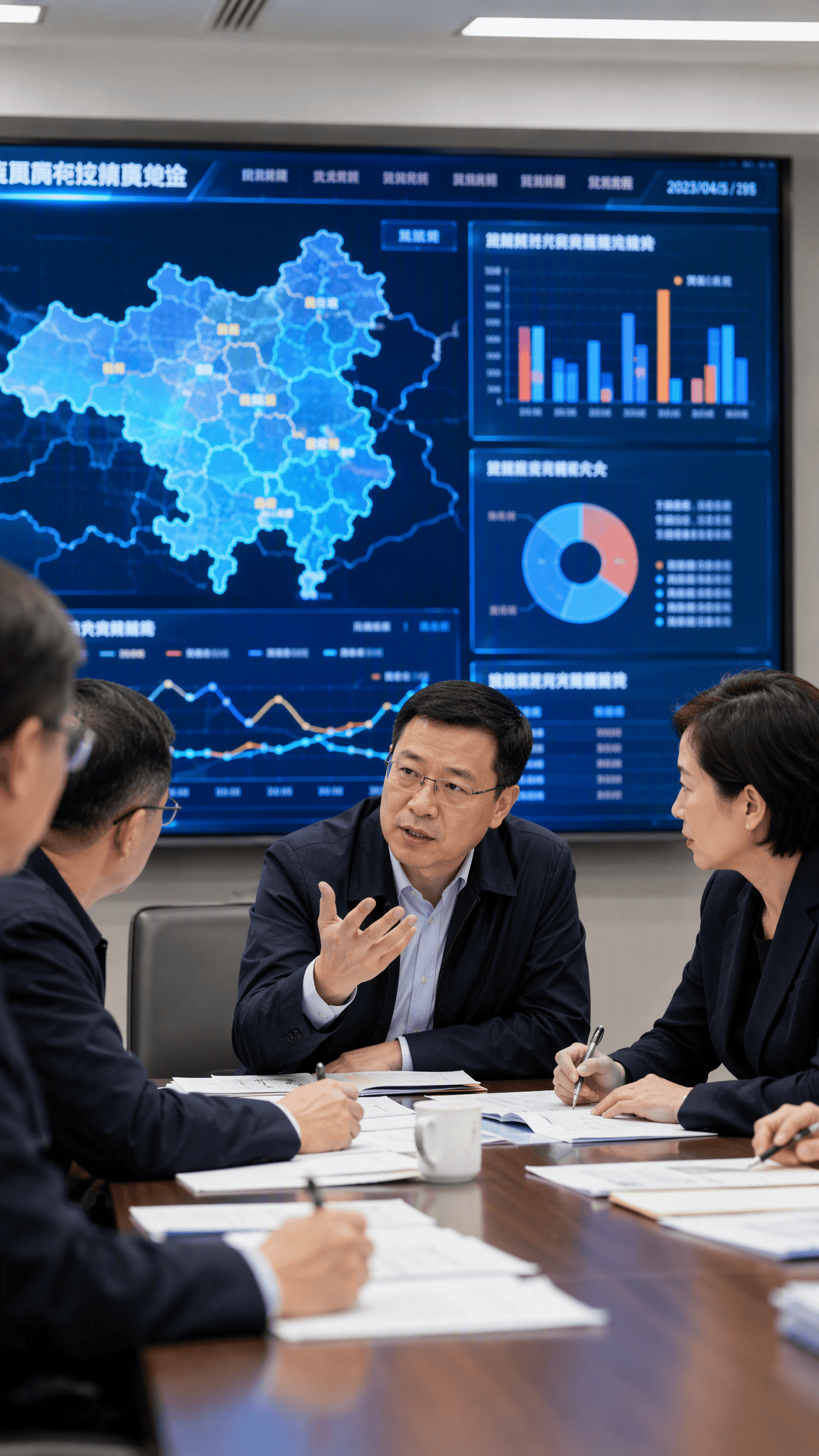 数据大屏上显示图表和地图，背景是会议室，几位政府人员正在讨论，画面专业。